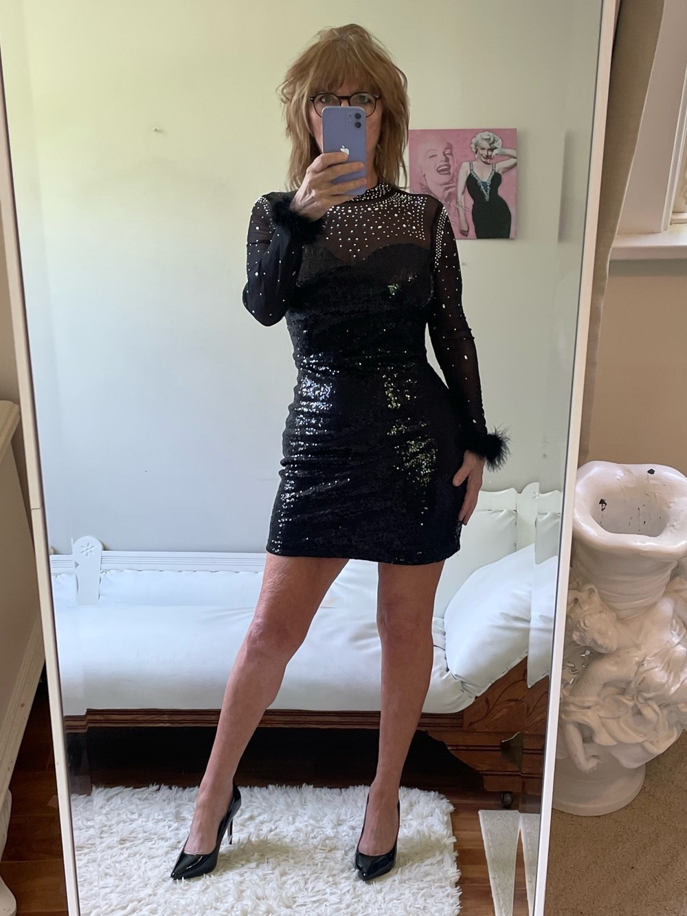BLACK SEQUIN LONG SHEER SLEEVE DRESS FEATHER CUFFS RHINESTONES ZIPPER